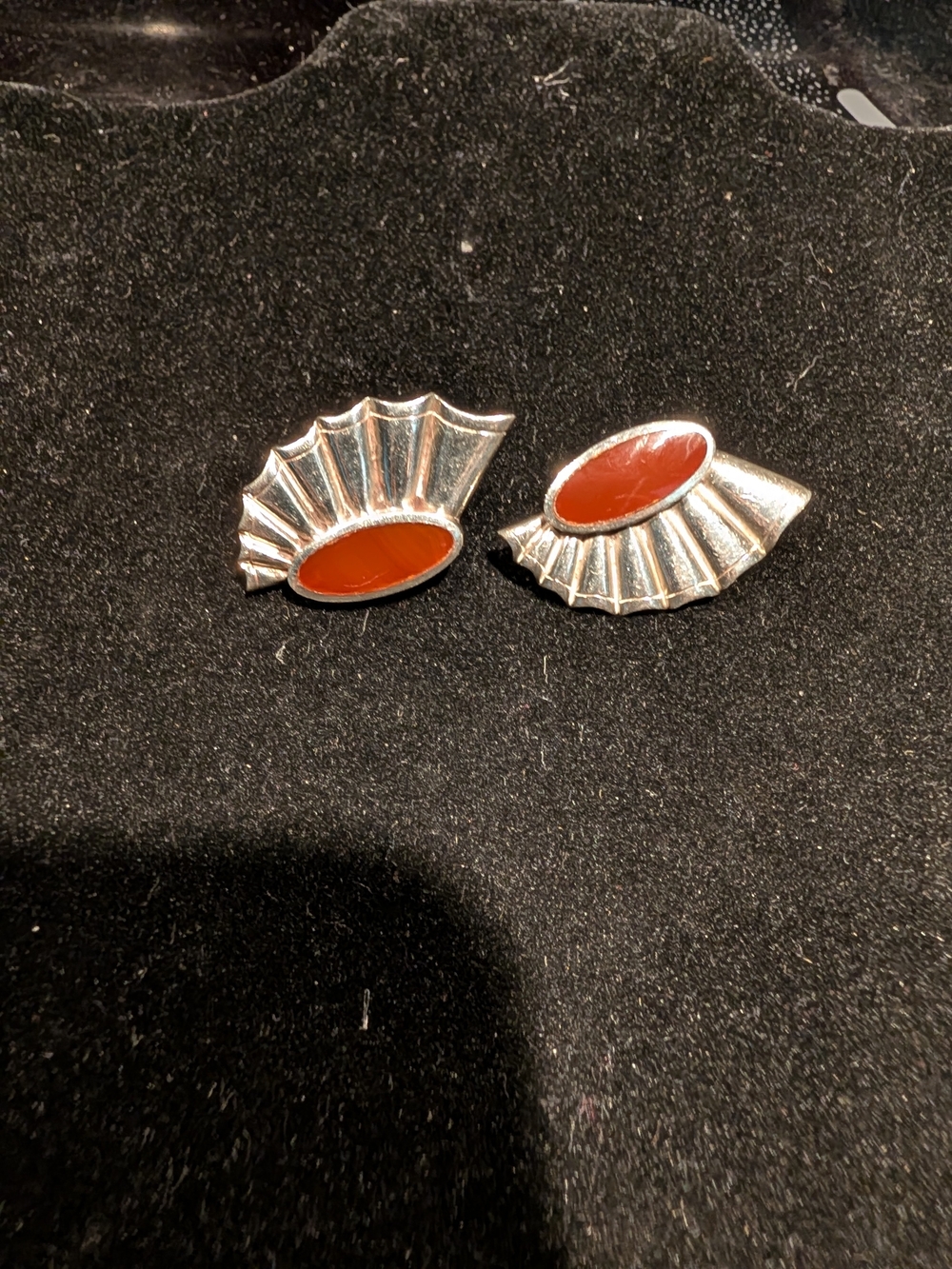 Silver Tone Fan-Shaped Earrings with Red Oval Accent